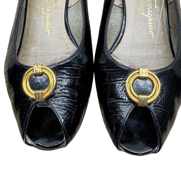 Salvatore Ferragamo Black Patent leather peep toe slingback heels Women's sz 7B - Picture 11 of 12
